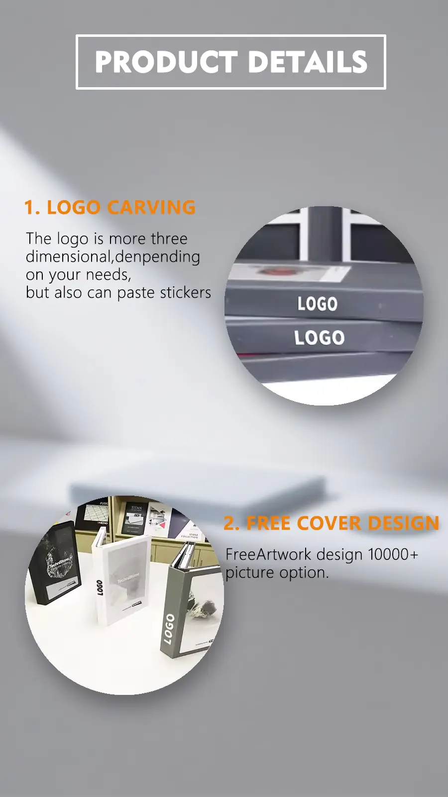 Fine Workmanship: Fine workmanship detail on premium stone sample bookInner Frame Design: Durable inner frame structure inside stone sample bookRounded Corner Design: Rounded corner design for safe stone sample book use