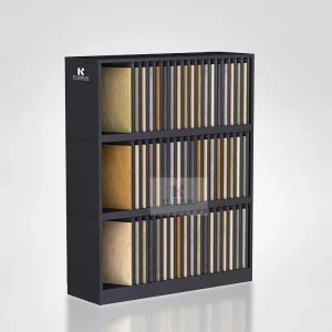 KYdisplay tile sample cabinet display rack side view loaded with various stone and tile samples in black finish