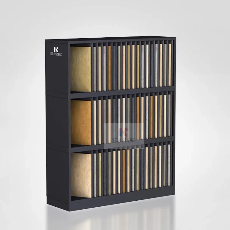 KYdisplay tile sample cabinet display rack side view loaded with various stone and tile samples in black finish