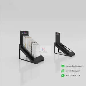Black countertop tile display rack with marble samples – KYDISPLAY