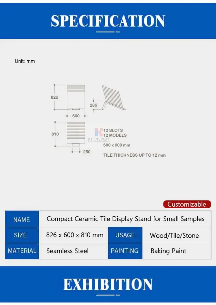 KYDISPLAY Tile Sample Display Rack technical dimension drawing showing 12 angled slots and measurements