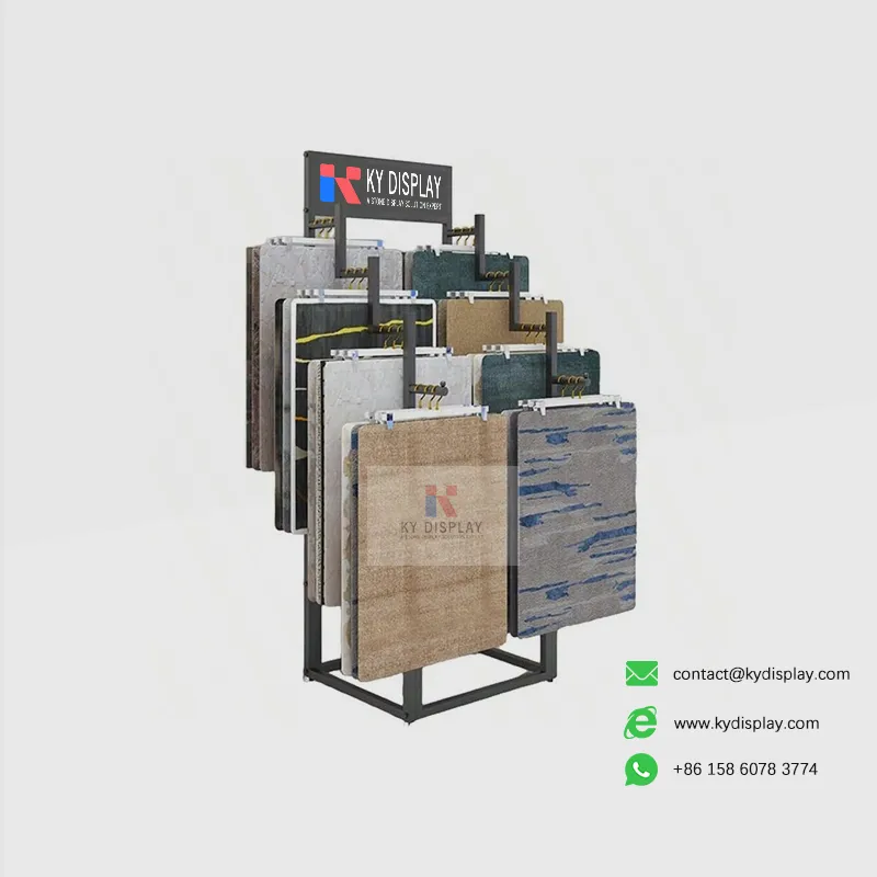 Tiered Carpet Display Rack with Sturdy Iron Frame – Double-Sided Sample Rack for Showrooms 2-KYdisplay