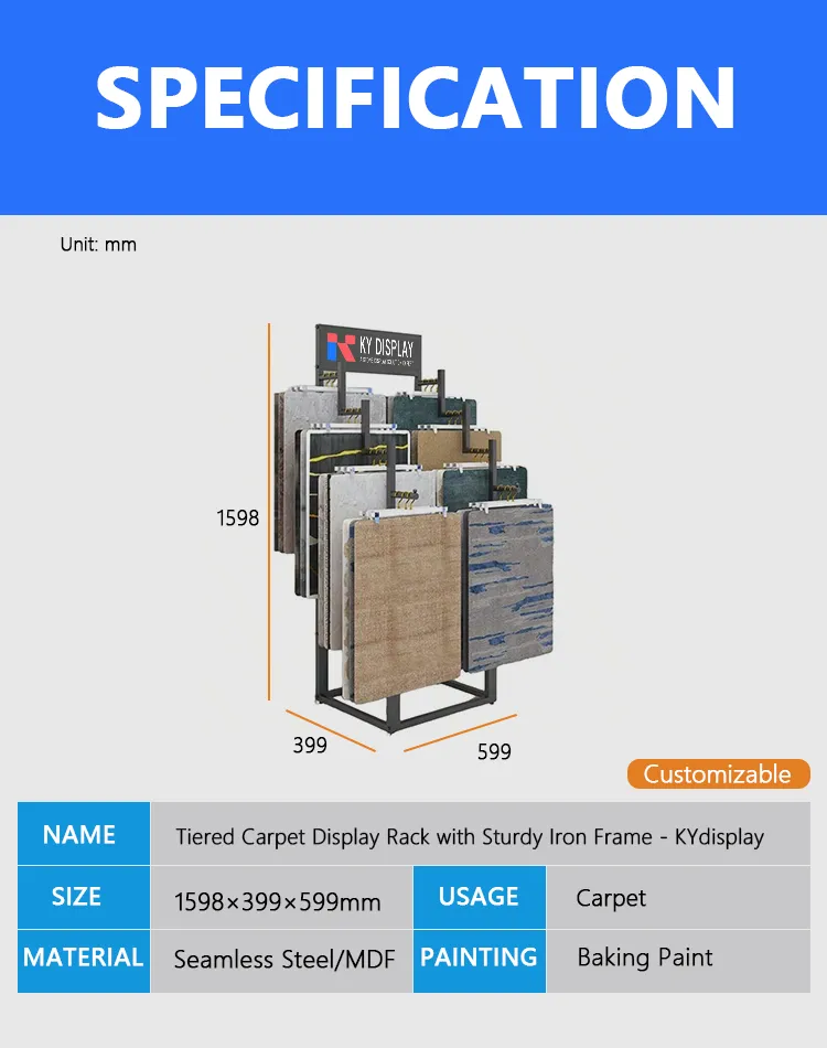 Tiered Carpet Sample Display Rack with Sturdy Iron Frame 1 Tiered Carpet Display Rack with Sturdy Iron Frame – Double-Sided Sample Rack for Showrooms-Decription-KYdisplay