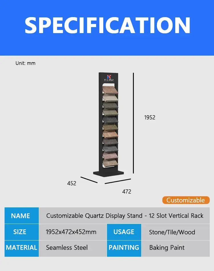 Customizable Quartz Display Stand - 12 Slot Vertical Rack for Stone Samples 1 Customizable Quartz Display Stand - 12 Slot Vertical Rack for Stone Samples_description_KYdisplay.png