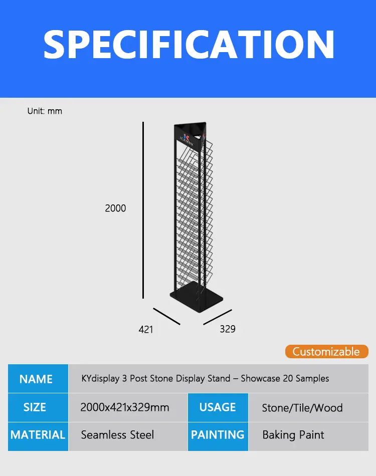 KYdisplay 3 Post Stone Display Stand – Showcase 20 Quartz & Granite 300×300 mm Samples 1 Dimension diagram of KYdisplay 3 Post Stone Display Stand, detailing 421×329 mm base, 45° tilt angle, and height specifications