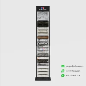 KYdisplay black 3 Post Stone Display Stand loaded with 20 quartz and granite 300×300 mm samples, front view highlighting tilted display panel supported by three-post triangular frame