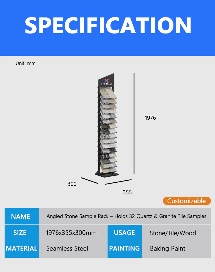 KYdisplay Angled Stone Sample Rack – Holds 32 Quartz & Granite Tile Samples 1 Dimension diagram of KYdisplay angled stone sample rack on black background, illustrating height, width, depth, and tilt angle measurements