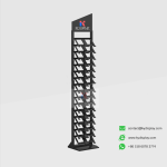 KYdisplay black angled stone sample rack side view without samples, highlighting tilted top panels and metal frame