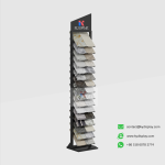 KYdisplay black angled stone sample rack with 32 quartz and granite tile samples, side view showing dual-column design