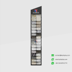KYdisplay black angled stone sample rack displaying 32 quartz and granite tile samples, front view of dual columns
