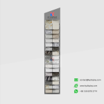 KYdisplay gray angled stone sample rack showcasing 32 quartz and granite tile samples, front view for showroom display