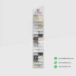 KYdisplay white angled stone sample rack holding 32 quartz and granite tile samples, front view with branding plate