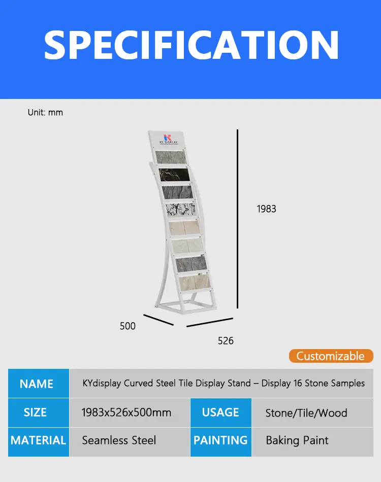 Dimension diagram of KYdisplay curved steel tile display stand, showing 1983×526×500mm overall size and 8×2 sample rows configuration