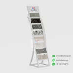 KYdisplay curved steel tile display stand side view with 16 granite and quartz tile samples on white background