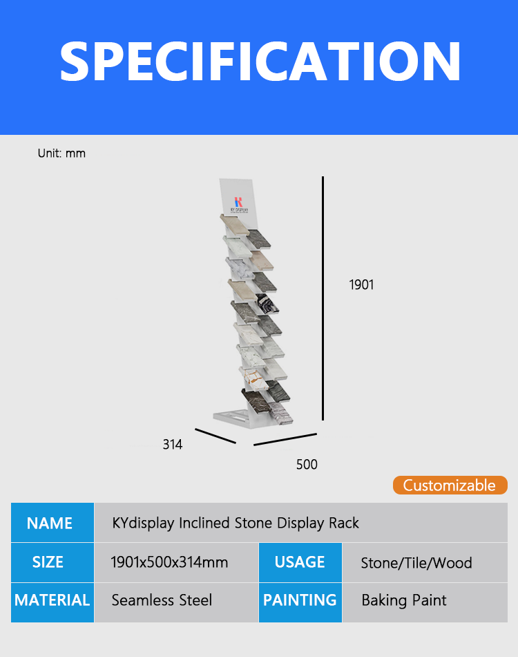 Diagram showing the dimensions of the KYdisplay inclined stone sample display rack, with measurements for width, height, and angle of inclination for optimal sample display.