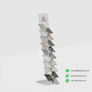 Customizable KYdisplay inclined stone display rack with logo and color options, ideal for showcasing granite, quartz, and engineered stone samples in showrooms.