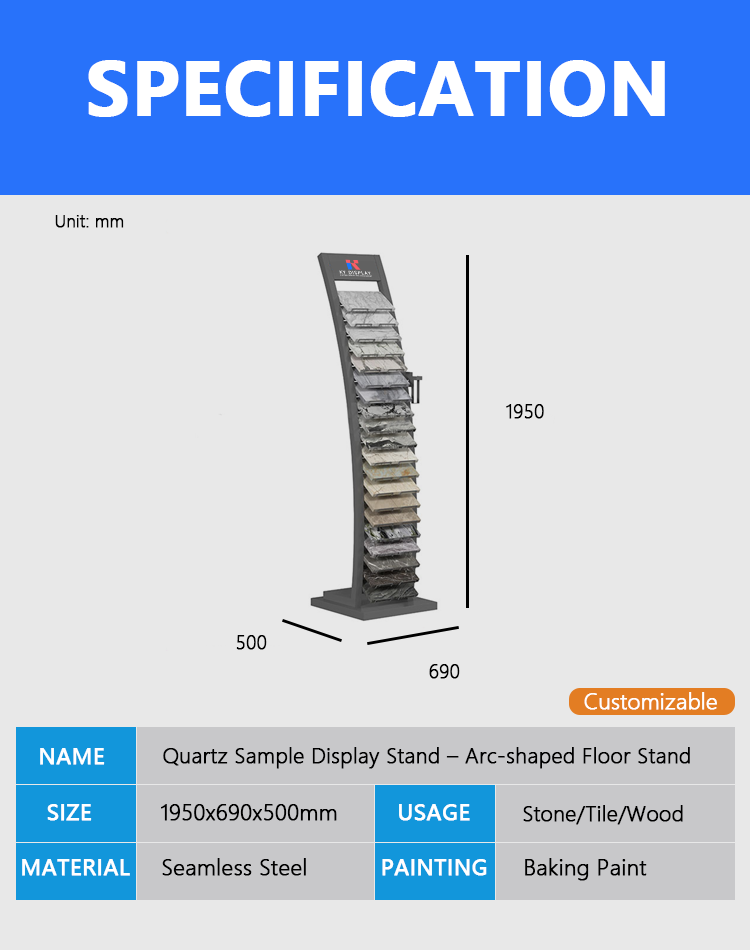 KYdisplay Quartz Sample Display Stand – Arc‑shaped Floor Stand for Stone / Granite / Quartz Panels, holds up to 40 pieces (20 per column) 1 KYdisplay quartz sample display stand with full dimensions and specifications – accommodates 40 pieces of 20x20cm stone samples