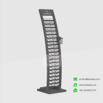 Side profile of KYdisplay quartz sample display stand showcasing arc-shaped freestanding structure and dual sample columns
