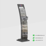 KYdisplay quartz sample display stand – front view with 40 quartz and granite samples arranged in two vertical columns