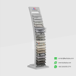 KYdisplay quartz sample display stand filled with 20x20cm quartz and stone samples, ideal for trade show or showroom use
