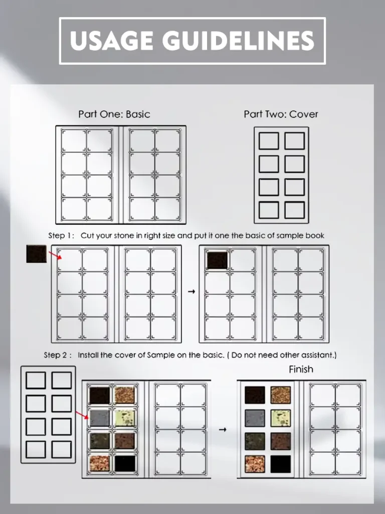 KYDISPLAY Stone Sample Book – 3-Fold Display Binder for Marble, Granite, Quartz & Tile Samples 9 Step-by-step instruction on how to insert stone swatches into the sample book slots