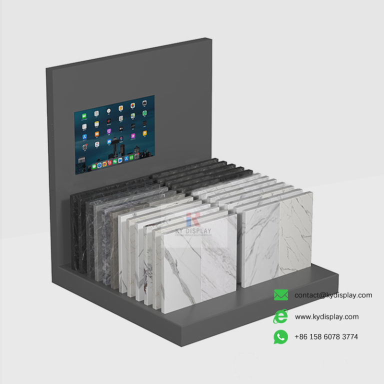 KYdisplay Countertop Display Stand – Digital Screen Stone Sample Rack for Quartz, Granite & Marble 11 Black countertop display stand with digital screen and granite/quartz samples – KYdisplay
