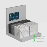 White countertop display stand with digital screen showing marble and granite samples – KYdisplay