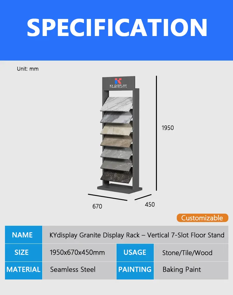 KYdisplay Granite Display Rack – Vertical 7-Slot Floor Stand for 305×305×25 mm Stone Samples 1 Dimension diagram of KYdisplay granite display rack for 305x305x25 mm stone samples
