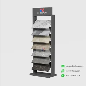 KYdisplay granite display rack in black loaded with 305x305 marble and quartz samples