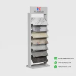 KYdisplay white granite display rack loaded with granite, quartz and marble samples