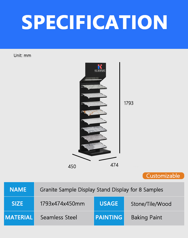 KYdisplay Granite Sample Display Stands with LED Lighting – Vertical Stone Showroom Rack Display for 8 Tile, Granite, Quartz & Marble Samples 1 Technical size chart of granite sample display stands with detailed measurements and LED feature option