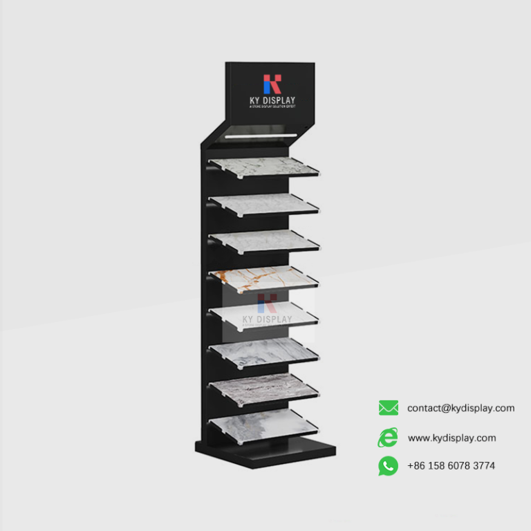 KYdisplay Granite Sample Display Stands with LED Lighting – Vertical Stone Showroom Rack Display for 8 Tile, Granite, Quartz & Marble Samples 9 Black granite sample display stand side view with stone samples, showing LED lighting feature