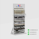 KYdisplay quartz stone display rack side view loaded with 48 granite and quartz tiles