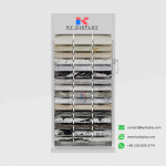 KYdisplay quartz stone display rack front view loaded with stone tiles in showroom setting