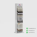 KYdisplay white stone tile display rack side view loaded with 42 quartz and granite tiles