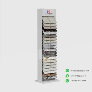 KYdisplay white stone tile display rack side view loaded with 42 quartz and granite tiles