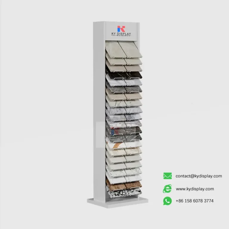 KYdisplay Vertical Stone Tile Display Rack – 42-Sample Compact Stone Stand 6 KYdisplay white stone tile display rack side view loaded with 42 quartz and granite tiles