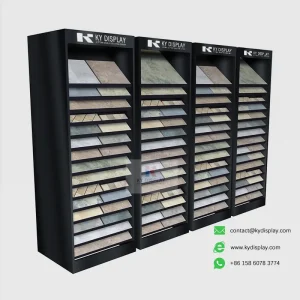 Black 15-Tier Sample Display Cabinet with samples, side view – KYDISPLAY