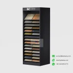 Black 15-Tier Sample Display Cabinet with samples, front view – KYDISPLAY