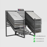 Black sliding tile display rack with ceramic tile samples – KYDISPLAY