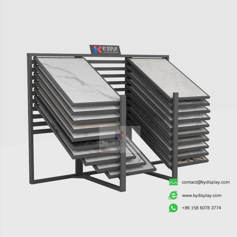 Black sliding tile display rack with ceramic tile samples – KYDISPLAY
