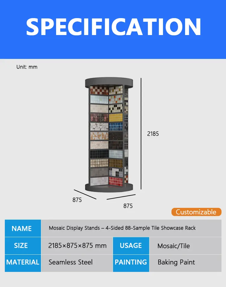 Mosaic Display Stands – 4-Sided 88-Sample Tile Showcase Rack 1 Technical dimension diagram of 3-face Mosaic Display Stands with dual-sided sample slots – KYDISPLAY