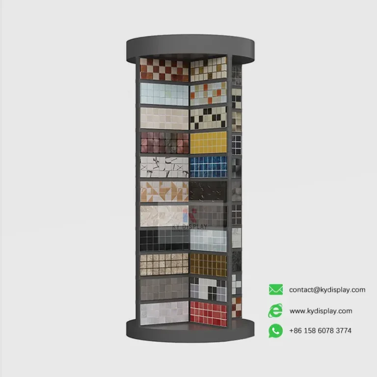 Mosaic Display Stands – 4-Sided 88-Sample Tile Showcase Rack 12 Side view of 3-face Mosaic Display Stands loaded with mosaic tiles – KYDISPLAY