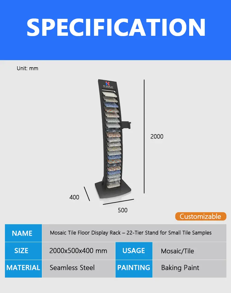 Mosaic Tile Floor Display Rack – 22-Tier Stand for Small Tile Samples 1 Technical drawing showing dimensions of the 22-tier mosaic tile floor display rack