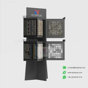 Black Mosaic Tile Page Turning Display Stand side view with samples – KYDISPLAY