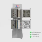 White Mosaic Tile Page Turning Display Stand side view with samples – KYDISPLAY