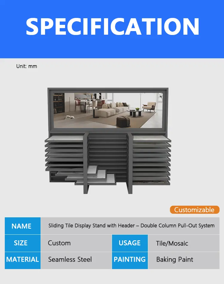Dimensions of sliding tile display stand with header – KYDISPLAY sample display system for showrooms