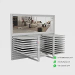 White sliding ceramic tile display stand with header side view – KYDISPLAY large tile pull-out stand