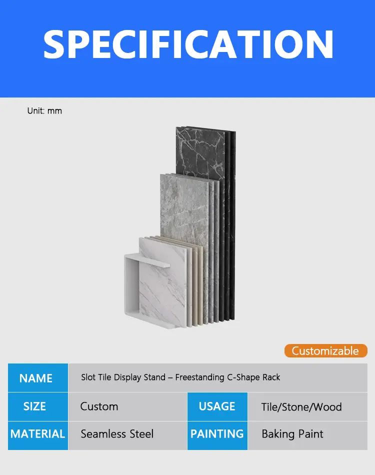 Slot Tile Display Stand – Freestanding C-Shape Rack for Stone & Wood Flooring Samples 1 slot tile display stand