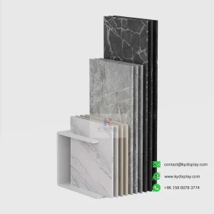 KYDISPLAY slot tile display stand – black C-shape rack with stone samples.